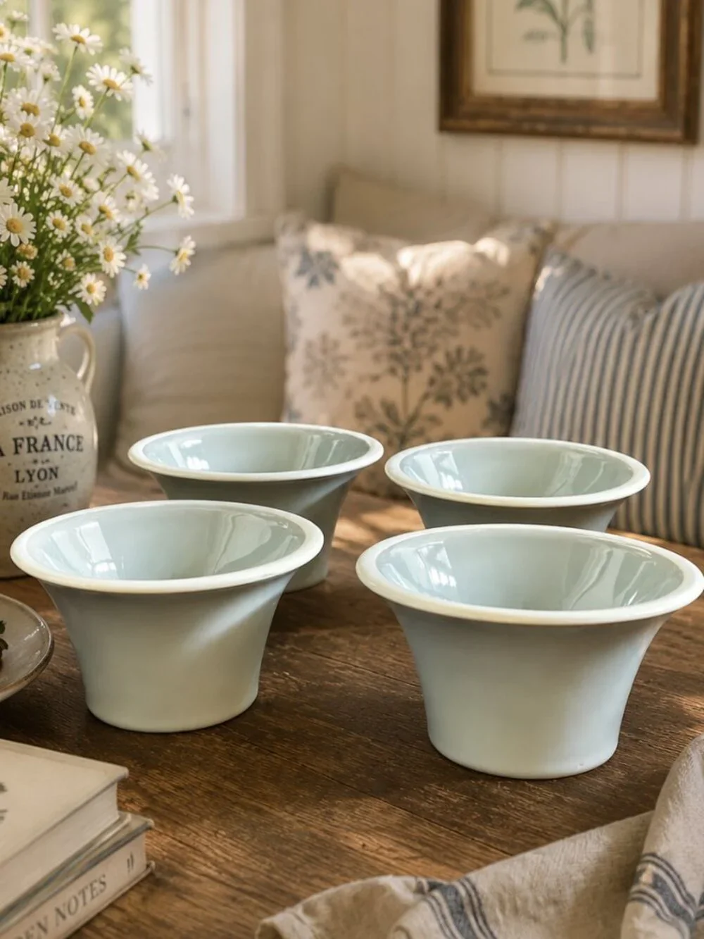 Set of 4 Sonoma Life & Style Mendocino Sky Blue Oatmeal Stoneware Bowls